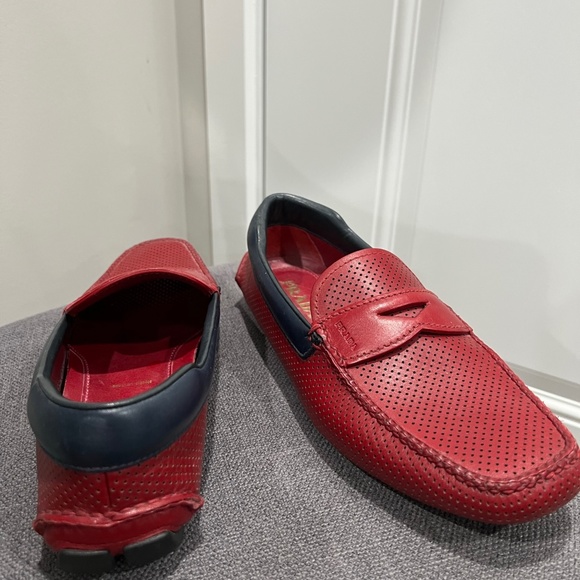 Men’s PRADA Penny Loafers Red/Navy Perforated Leather
